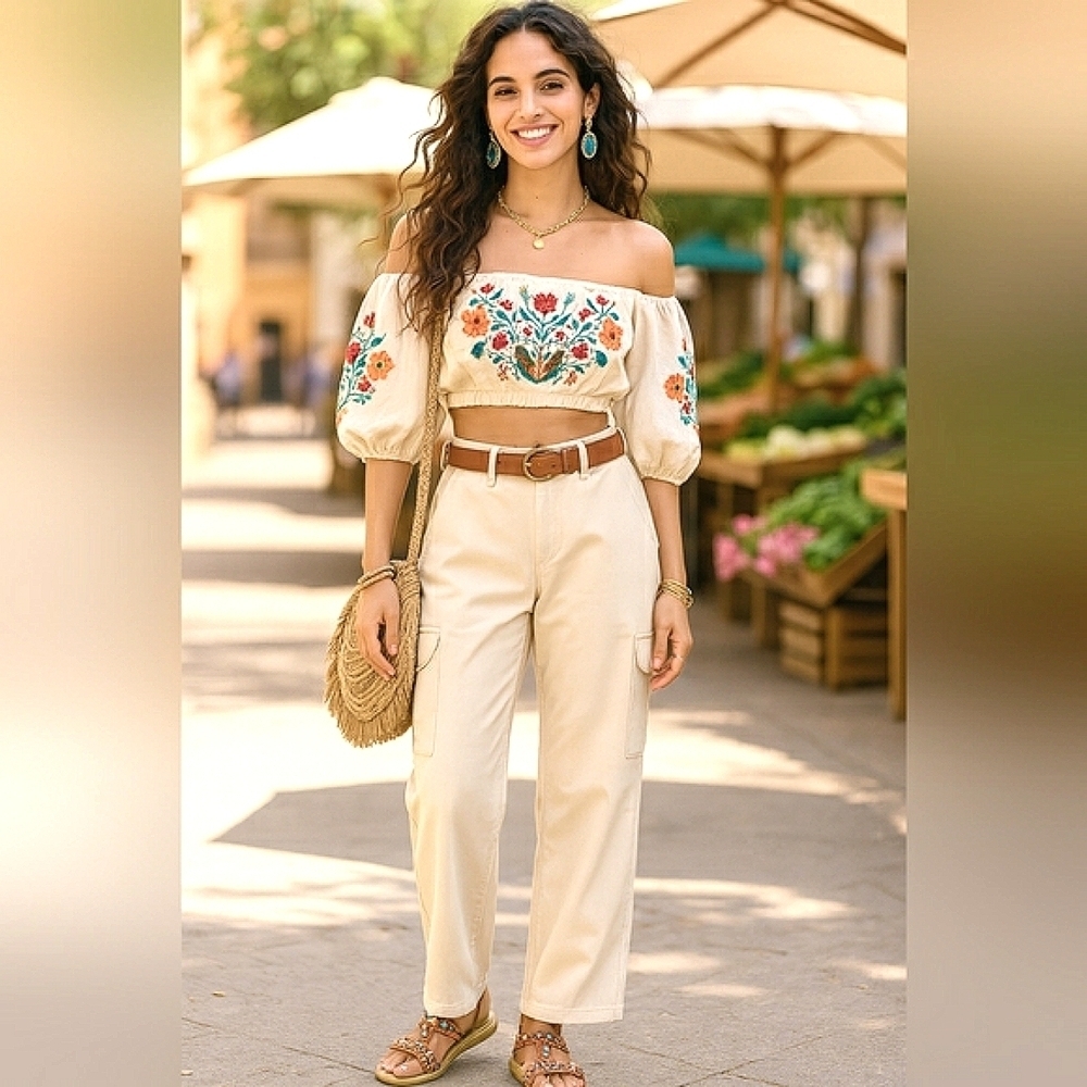Dickies Cargo Utility 26 Ivory Cotton Casual Relaxed Fit Wide Leg Mid Rise New